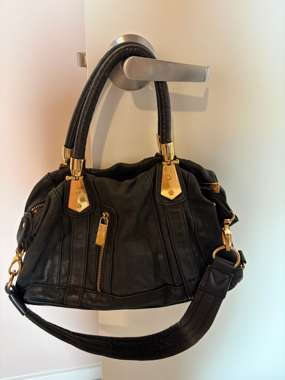 Rough Roses Black Leather Shoulder Bag with Gold Hardware